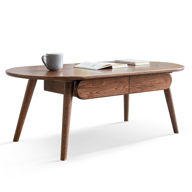 100% Solid Wood Coffee Table With Storage, Natural Oak Wood Coffee Table With Drawers, Simple Assembly, Oval Coffee Table