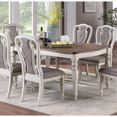 Ensemble de salle à manger 7 pièces de style transitionnel avec plateau en chêne et 6 chaises latérales à coussin blanc antique