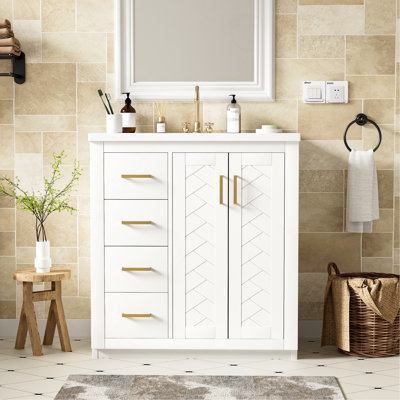Ensemble de meuble-lavabo 30 po avec lavabo en céramique, armoire de rangement en bois massif, ensemble de meuble-lavabo autoportant avec 3 tiroirs et portes à fermeture douce