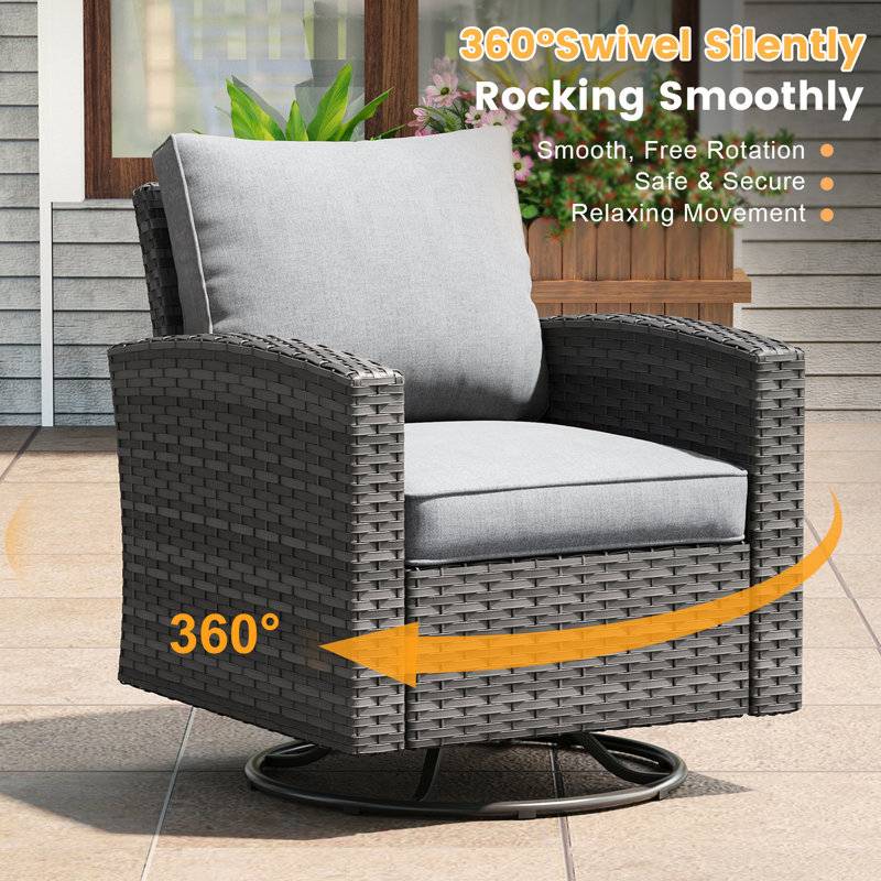 Patio Wicker Swivel Rocker Chair with Cushions, Gray Frame/Gray Cushion