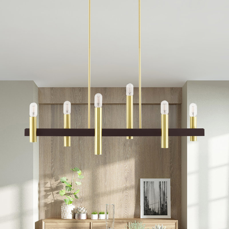 Lustre rectangulaire pour îlot de cuisine 6 lumières Annies, Laiton satiné