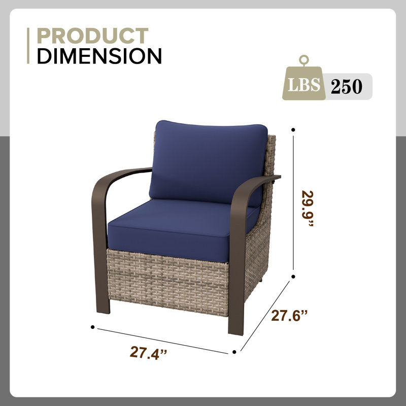 Patio Brown Wicker Lounge Chair, Metal Curved Armrest, Cushion (Set of 2), Blue