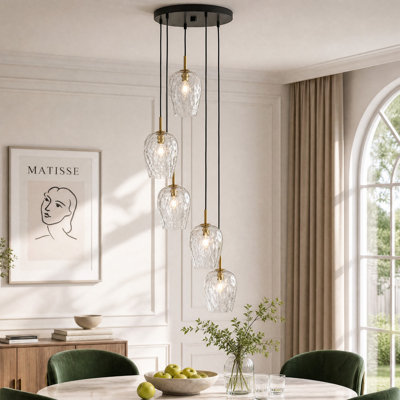 Luminaire suspendu en grappe de verre moderne 5 lumières avec abat-jour en verre ondulé, lustre suspendu réglable