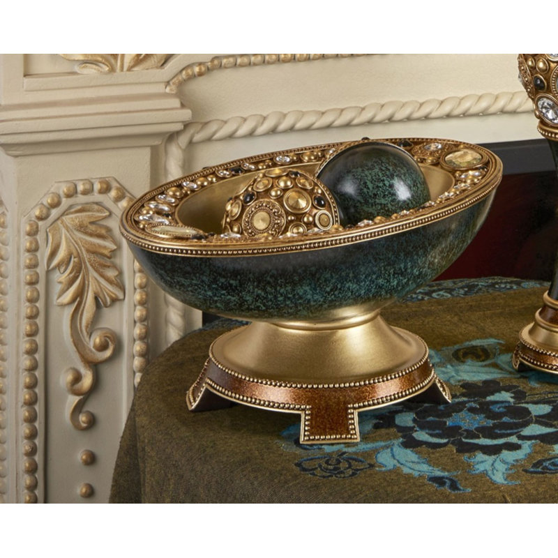Handcrafted Green and Gold Resin Decorative Bowl with Stand
