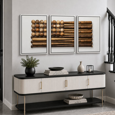 Classic Baseball Bats and Balls Display Artwork, Sports Room Pictures, Framed Canvas Giclee Print 3 Pieces Wall Art
