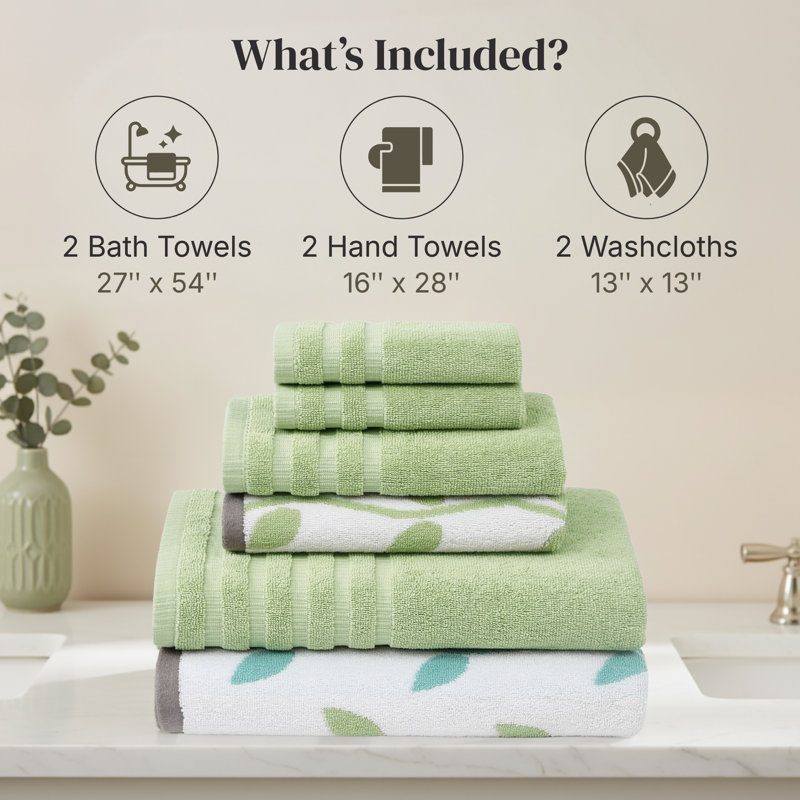 Modern Threads Organic Vines 6-Piece Yarn Dyed Jacquard & Solid Towel Set – 100% Cotton, Quick Dry & Absorbent Bath, Hand & Washcloths