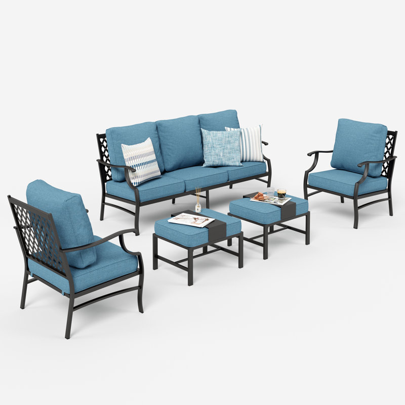 Asfand Outdoor Seating Group with Cushions, Denim Blue, No