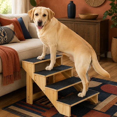 19 Inches 4-Step Solid-Wood Dog Stairs with Carpet for Large Dogs; Anti-Slip Pet Steps for High Beds and Couches, Designed as a Ramp for Older/Senior Dogs to Reach Beds or Sofas