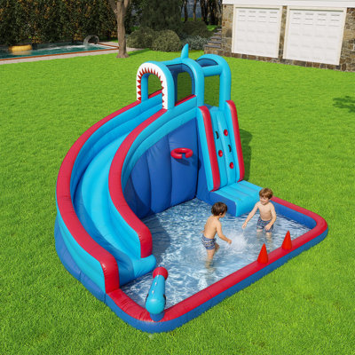 10x12ft Shark Theme Inflatable Water Bounce House With Slide, Backyard Splash Park for Kids Ages 3-8, Outdoor Water Toy Birthday Party Gifts