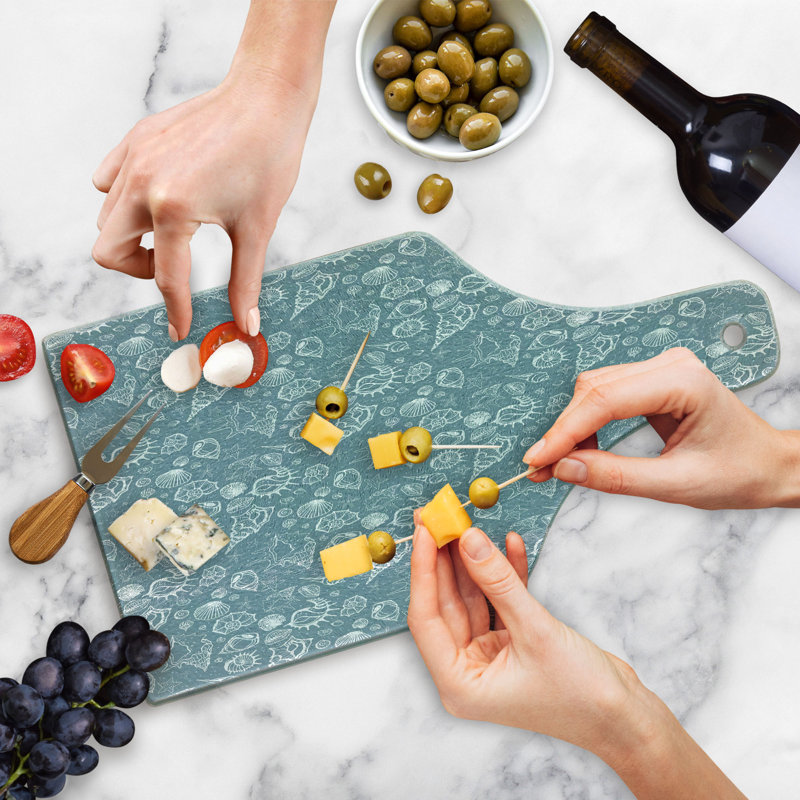 Ambesonne Sea Shells Tempered Glass Cutting Board Doodle Style Pattern Blue Grey White