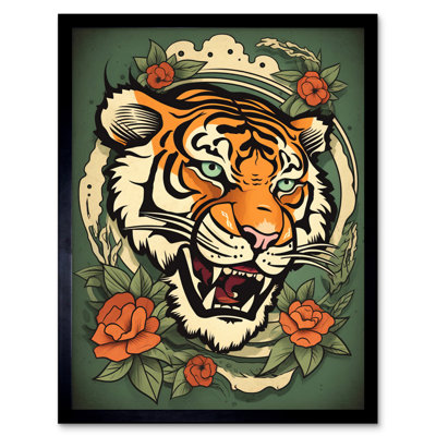 Morty Floral Tiger Head Old School USA Tattoo Ink Body Rockabilly Americana 50s 1 Piece Single Picture Frame Wall Art