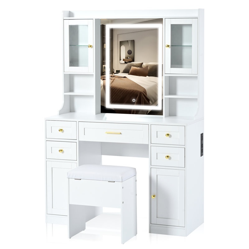 Ensemble de coiffeuse avec miroir à DEL, prises de courant et tabouret de rangement