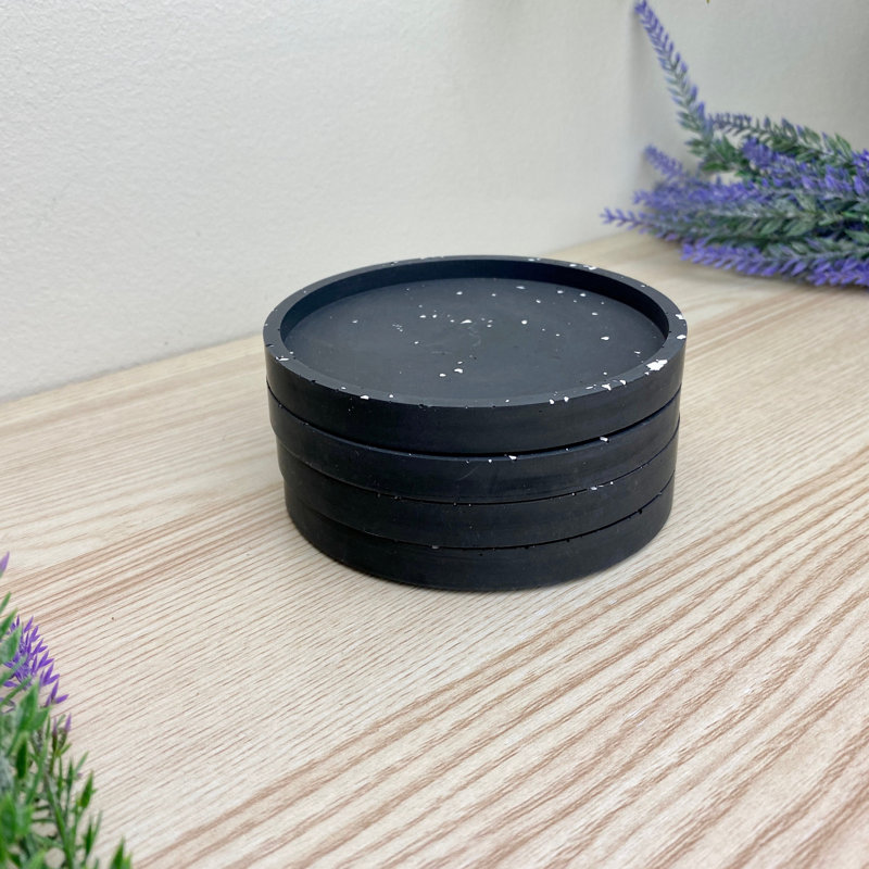Stoneware Round 4 Piece Coaster Set, Black Terazzo