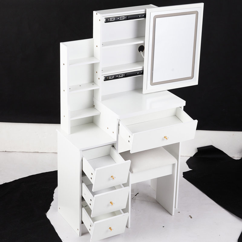 Compact Vanity Table With Led Mirror, 3 Color Switching, Brightness Adjust, Cushioned Stool, White, For Small Spaces, , Left Bedside, American Design White Touch Options & Adjustable Brightness,