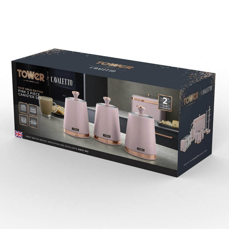 Tower Cavaletto Pieces of 3 Storage Canisters for Tea/ Coffee/ Sugar, Steel, Pink