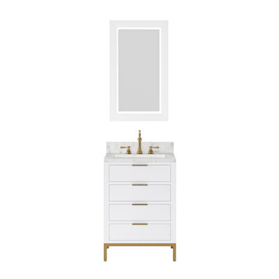 Bristol 24 In. Single Sink Carrara White Marble Countertop Bath Vanity In Monarch Blue With Satin Gold Hook Faucet