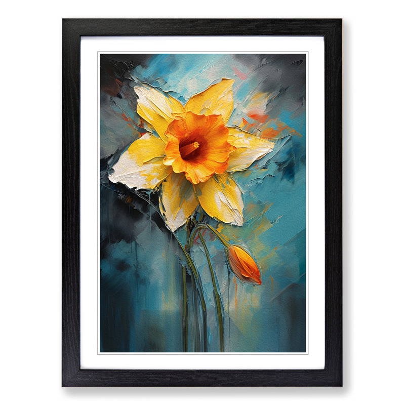 Daffodil Flower Expressionism No.2 - Single Picture Frame Print on Wood, 64cm H x 46cm W x 2cm D, Black Framed