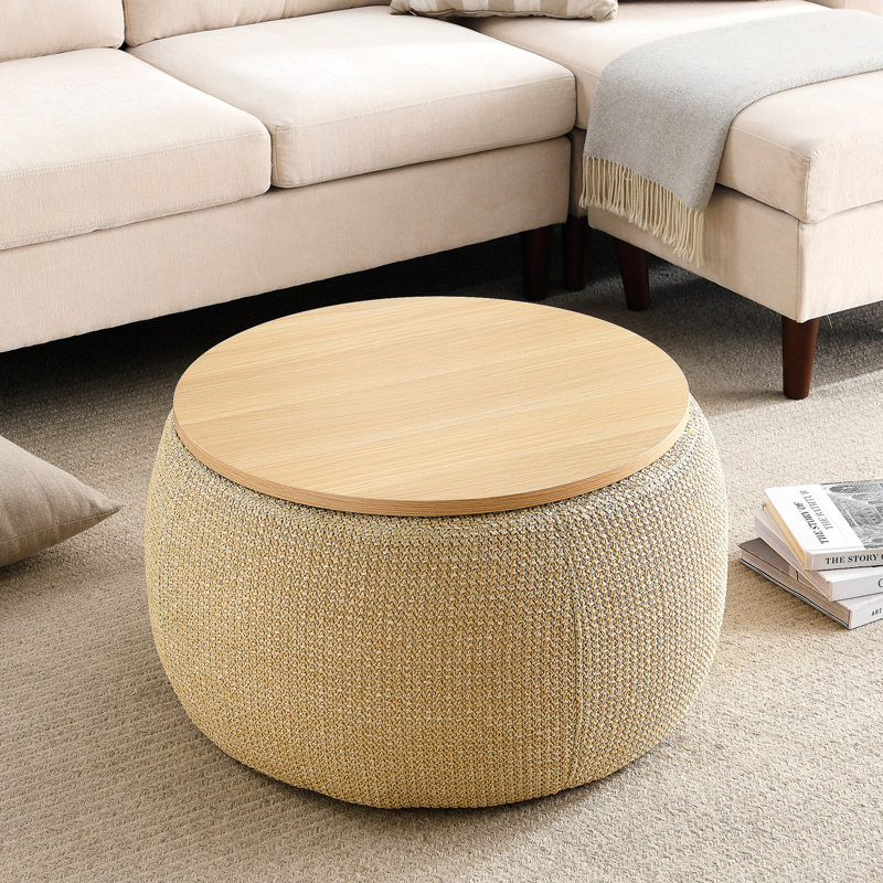 Round Storage Ottoman, 2 In 1 Function, Work As End Table And Ottoman, Natural
