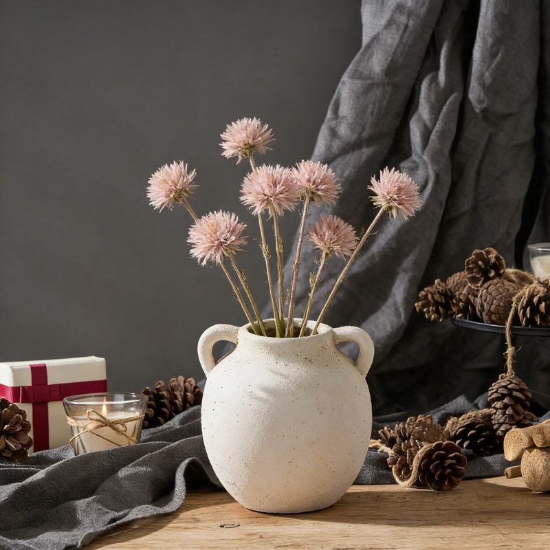 Vase en céramique avec poignées, vase en terre cuite de 5,8 pouces pour décor de maison de campagne Boho, vase décoratif rustique pour le salon, la table et la maison