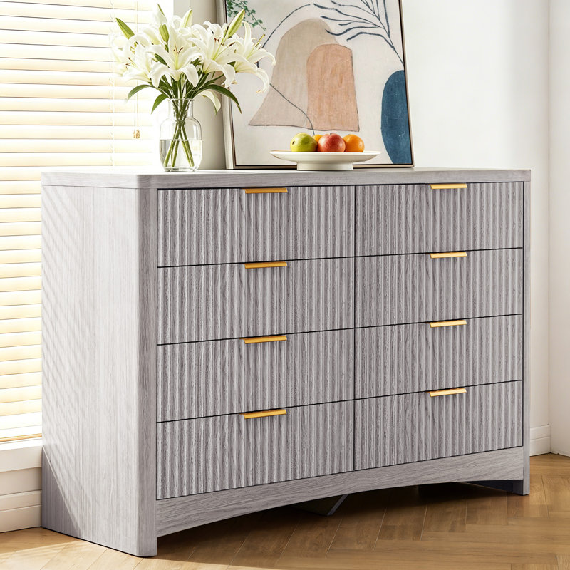 Commode moderne à 8 tiroirs, très grande commode en bois cannelée avec poignées dorées, armoire de rangement large pour chambre à coucher, salon