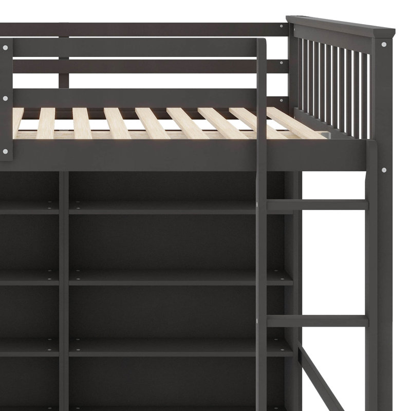 Jimmya Loft Bed with 8 Open Storage Shelves and Built-in Ladder, Twin, Antique Gray