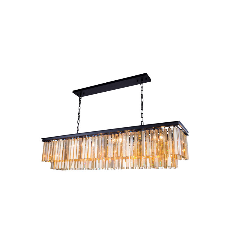 Lustre rectangulaire en cristal 12 lumières Yazmin, Brun moka, Teck doré (fumé)