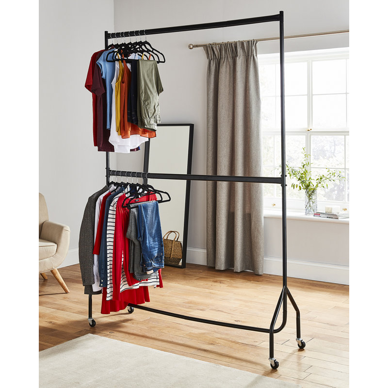 Two Tier Heavy Duty Clothes Rail Garment Hanging Rack In Black, 218 cm H x 121 cm W x 46.5 cm D
