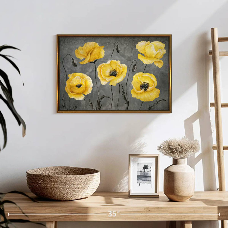 Coquelicots jaunes, Cadre flottant doré, 19 po x 13 po