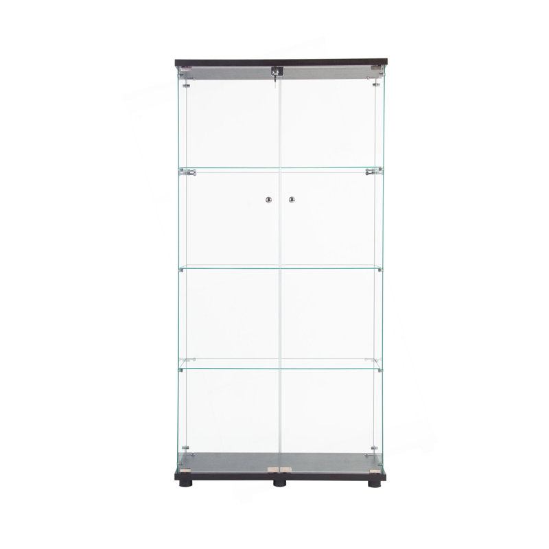 LED Strip Light Two Door Glass Cabinet Glass Display Cabinet With 4 Shelves, Black