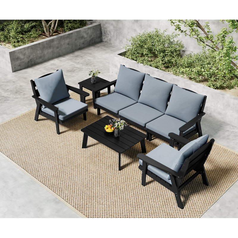 Ensemble de conversation pour patio 7 pièces avec coussins Hdpe, Gray, Black