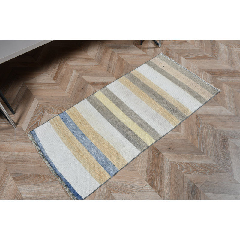 Vintage Small Turkish Kilim With Striped Oushak Pattern In Beige With Colorful Accents Ideal For Bathrooms