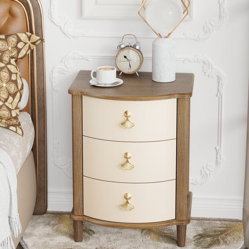 Elegant 3-Drawer Nightstand With Gold Leaf Handles, White/Brown
