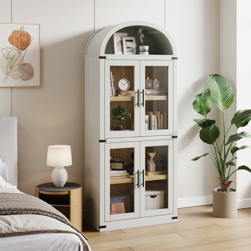 Bibliothèque de 72 po de hauteur avec portes vitrées, armoire de rangement à 4 niveaux pour présentoir de construction robuste, organisateur de plancher moderne pour le bureau à domicile, blanc
