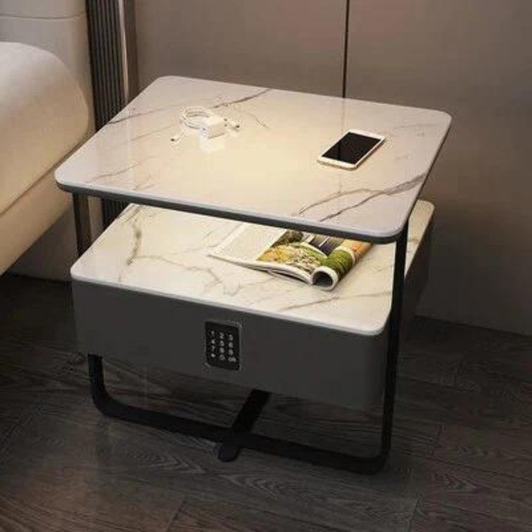 Solid Wood Luxury Smart Nightstands Simple Modern Bedside Cabinet Rock Panel Wireless Charging