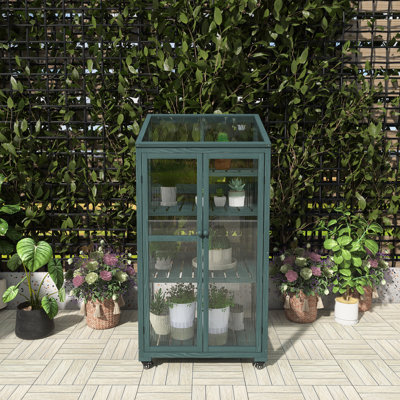 Large Portable Wooden Greenhouse 62" H With Wheels And Adjustable Shelves, Indoor Outdoor Cold Frame For Balcony Garden, Green