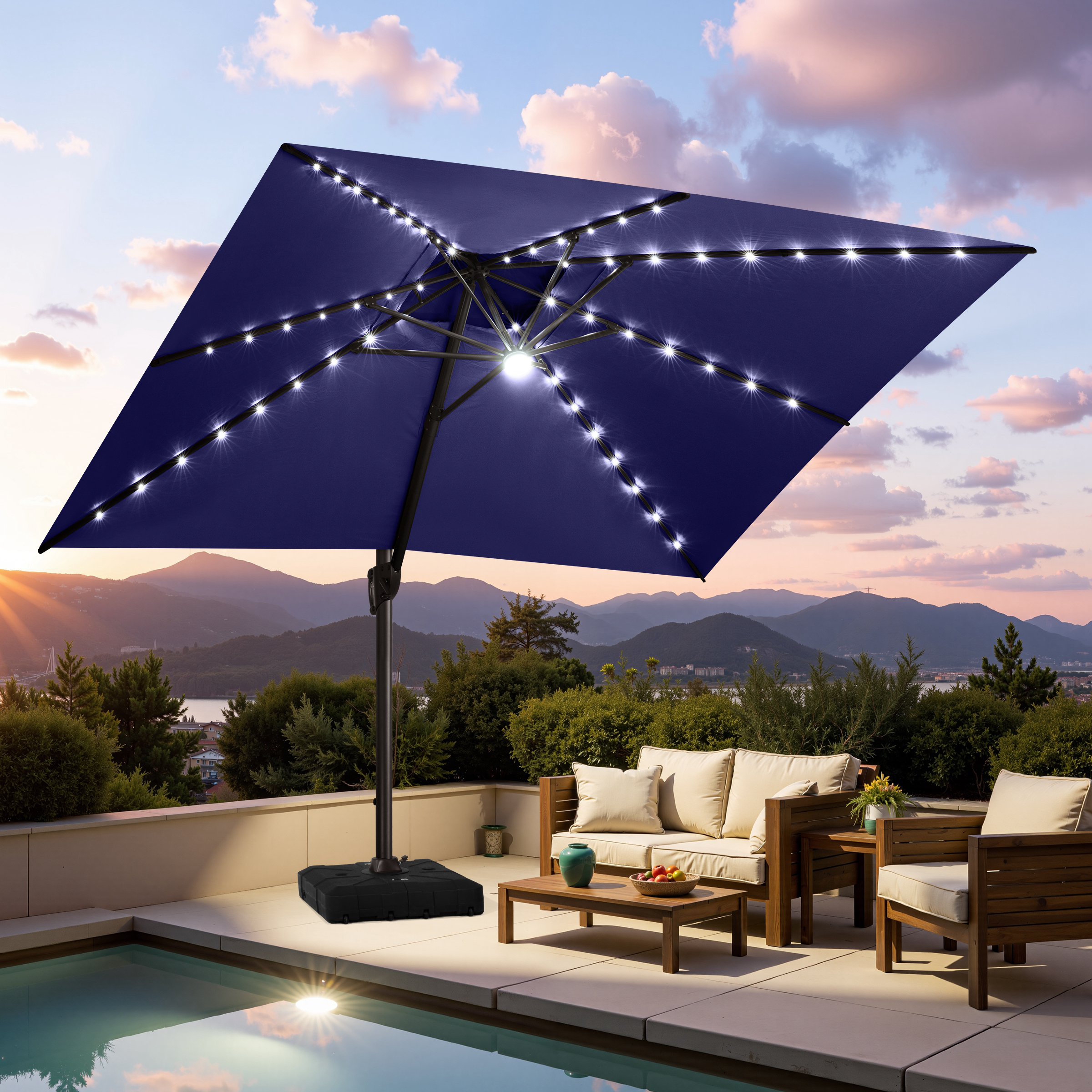 lighted cantilever patio umbrella 10/11/12ft Solar LED Round just take it home. PatioKingdom Lighted Cantilever Umbrella with