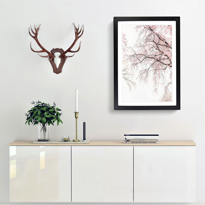 A Pink Cherry Blossom Tree Abstract - Picture Frame Painting Print, 63cm H x 45cm W x 2cm D, Black Framed