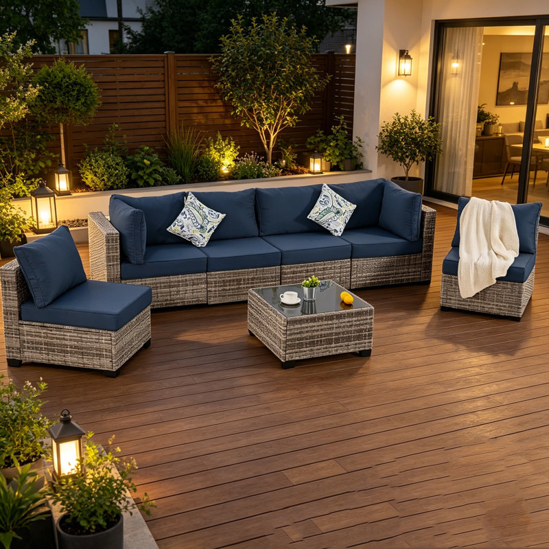 7-Piece Rattan Outdoor Sectional Seating Group with Cushions, Gray, Blue
