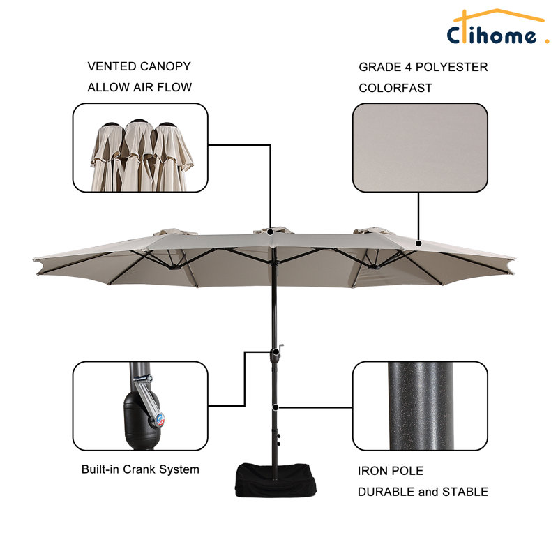 Beige 15 Ft Steel Market Umbrella with Crank Lift and Stand