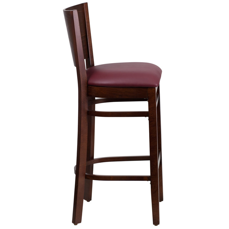 Claridge Solid Back Wooden Restaurant Barstool, Vinyl-Burgundy, Walnut, 1
