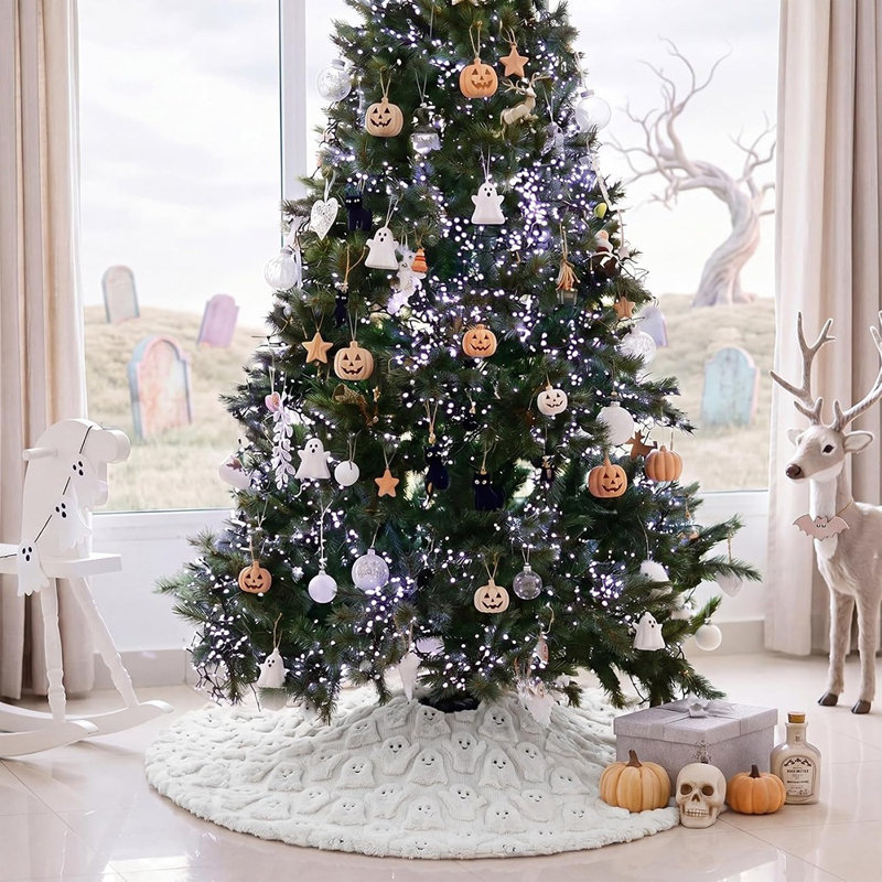 White Plush Halloween Ghost Tree Skirt with 3D Ghosts – Faux Fur Spooky Tree Base Decor for Halloween & Christmas