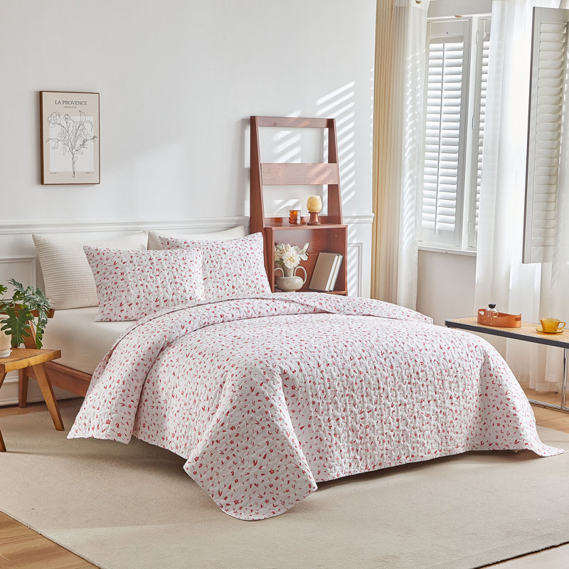 3 Piece  All Season Cottagecore Microfiber Quilt Set, King Quilt + 2 King Shams, Pink Floral