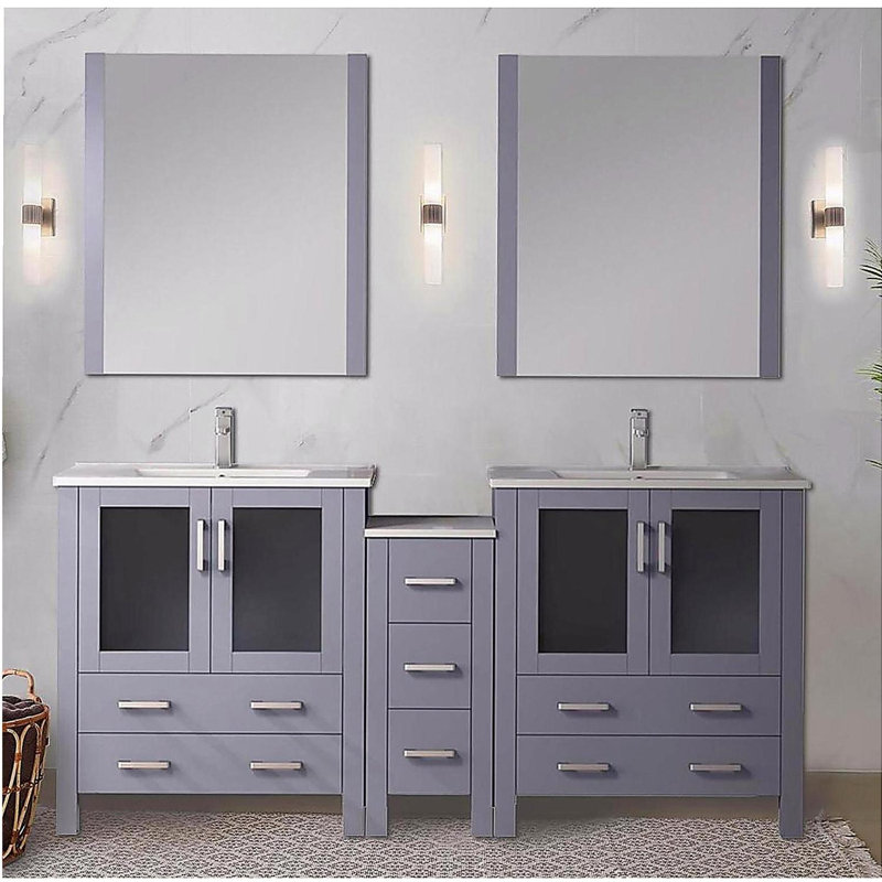 Meuble-lavabo double avec armoire latérale, comptoir en céramique et robinet, 72"