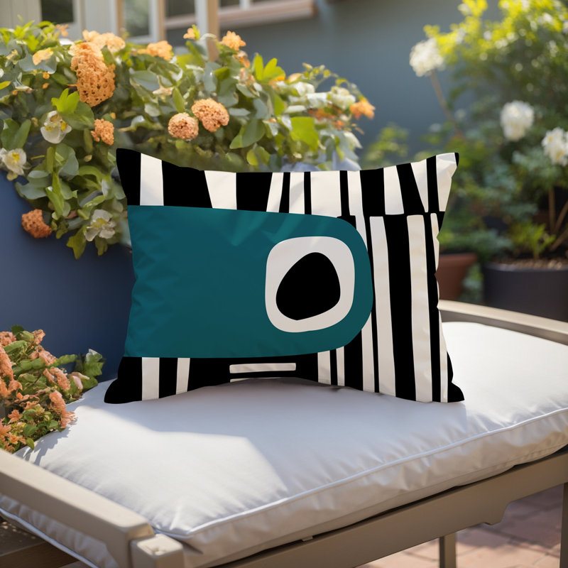 Oreiller rectangulaire réversible intérieur / extérieur Jina, Émeraude / noir / blanc cassé, H 14 po x l 20 po