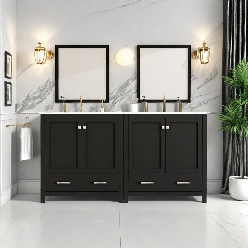 Meuble-lavabo double avec lavabo en céramique blanche, portes à fermeture douce, rangement spacieux, structure en bois massif, armoire de salle de bain moderne avec tiroirs et tablettes - unités 2 x 30 po