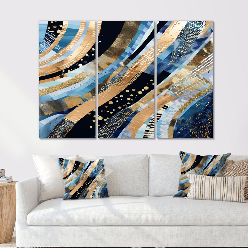 «Summer River Glam Sparkling Gold - Waves», ensemble de reproduction d'art mural, Toile tendue, H 28 po x l 36 po x P 1 po