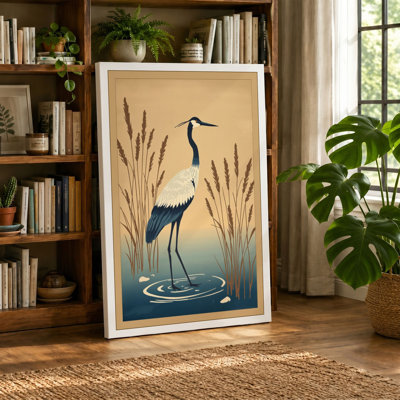 Heron in Shallow Waters Japandi 1 Piece Wrapped Canvas Wall Art
