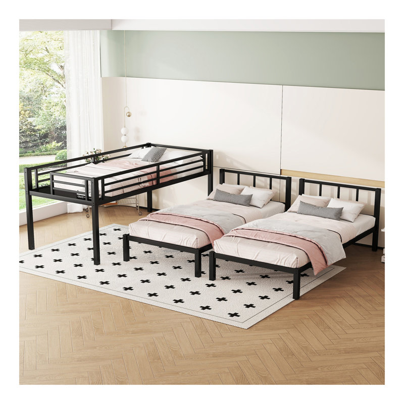 Lit superposé simple au-dessus de simple pour 3 personnes, lit simple superposé au-dessus de simple lit simple en métal, noir