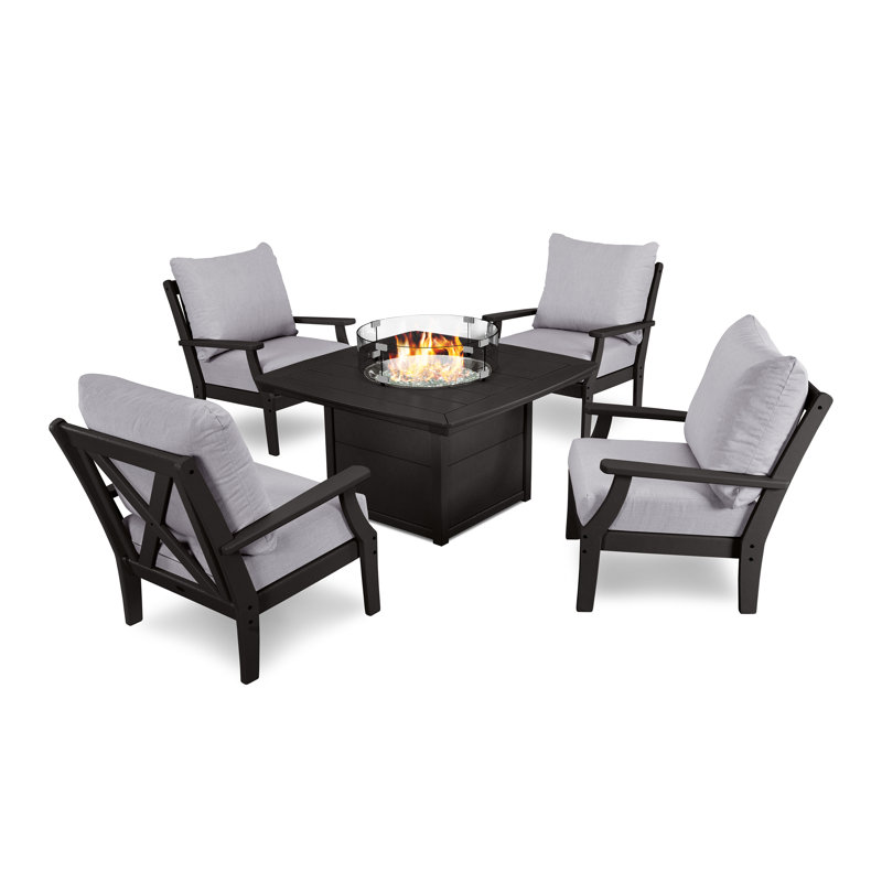 Braxton 5-Piece Deep Seating Conversation Set with Fire Pit Table, Granite, Black