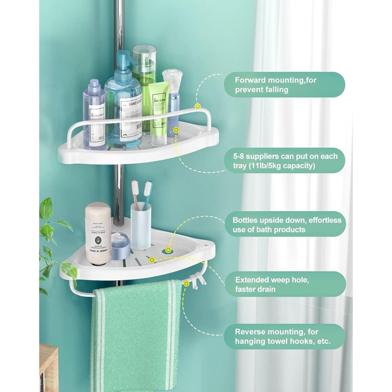 Corner Shower Caddy Tension Pole - Silver - Stainless Steel, Adjustable Corner Shower Organizer Shelf, Rustproof